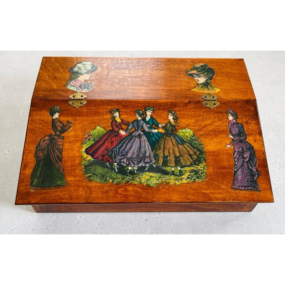 Vintage Wooden Hinged Lidded Box with Victorian Women Dancing Decoupage